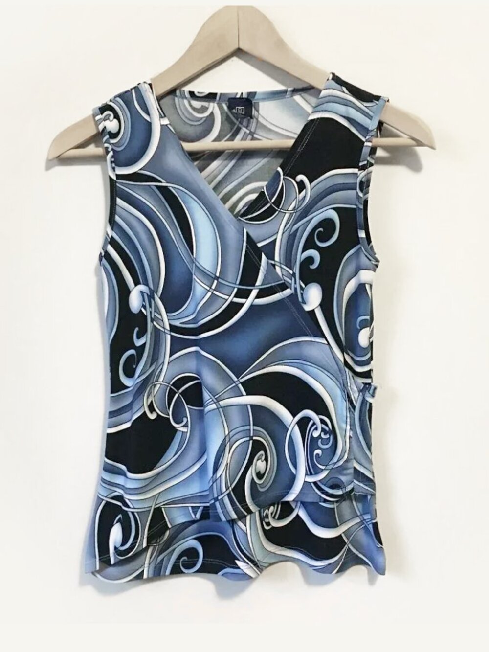 Vintage 90s/Y2K Blue Tattoo Psychedelic Swirl Faux-Wrap Top - S